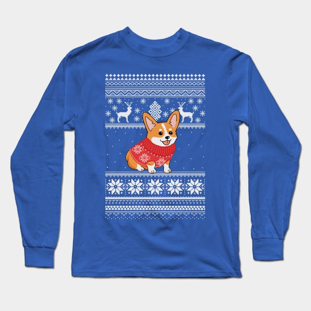Corgi Christmas Sweater Pattern Long Sleeve T-Shirt by SuperrSunday